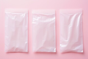 White plastic bags on pink background, top view.