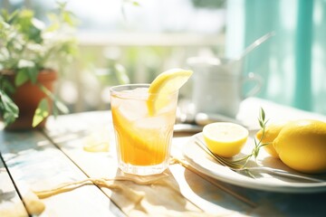 Fototapeta premium iced tea with lemon wedges and ice on a sunny table