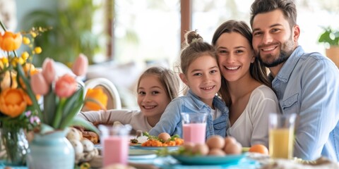 Portrait of family Easter lunch celebration. Smiling parents and children.