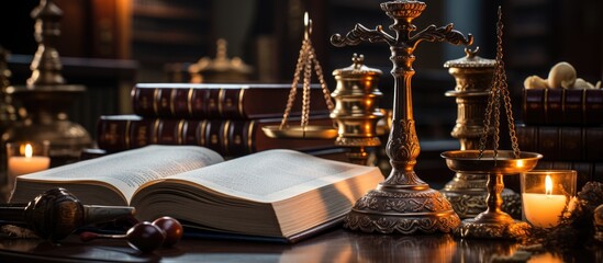 The judge placed the gavel on the book, on the judge's table - obrazy, fototapety, plakaty