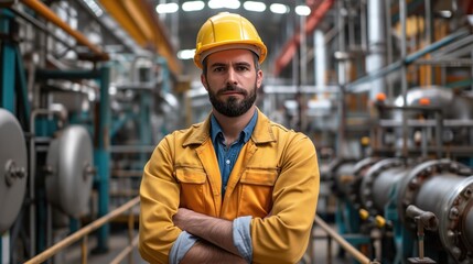 Portrait of a man, a professional heavy industry engineer standing with arms crossed in an industrial factory wearing a hard hat.