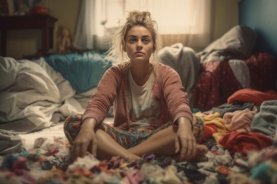 Woman messy blonde hair. Tired and disheveled girl sitting filthy room. Generate AI