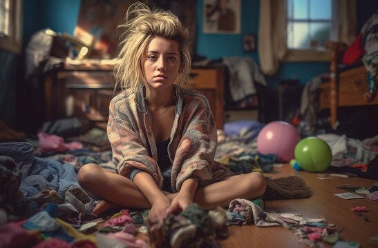 Exhausted female sitting floor. Disheveled and unhappy woman with different clothes. Generate AI