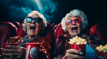 Two old friends are watching a movie together at the cinema and fooling around, having fun with popcorn in their hands. An evening of cinema, entertainment and a fun pastime concept. - obrazy, fototapety, plakaty