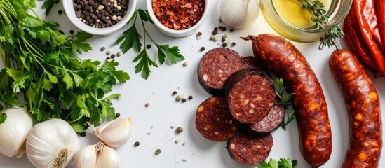 On a white table, there are homemade chorizo and black pudding alongside fresh food ingredients and onions.