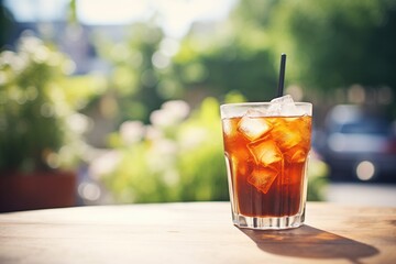 clear glass of cola with ice on sunny day