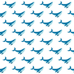 Seamless sea pattern with funny whales. Summer marina background. Stock vector.