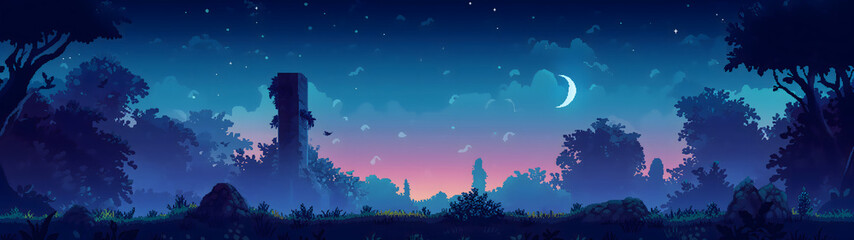 moonlit in the enchanted forest, nighttime atmosphere with moonlight in pixel art style, pixel art background, landscape background, rpg game background, background with a ratio size of 32:9