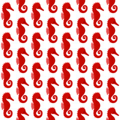Red seahorse seamless pattern vector illustration background. Hand drawn cartoon flat design. © quietmind_art