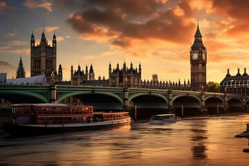 Beautiful London and the river , London City, Panorama from the Tower Bridge to the Tower of London United Kingdom during sunset,  Ai generated