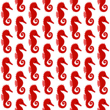 Red seahorse seamless pattern vector illustration background. Hand drawn cartoon flat design.
