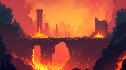 destruction of buildings due to fires originating from volcanic lava, apocalypse landscape, destruction of civilization, background in pixel art style, rpg game background - obrazy, fototapety, plakaty