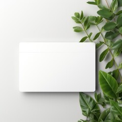 mockup on white background of a white plastic card including small green leaf generative AI.