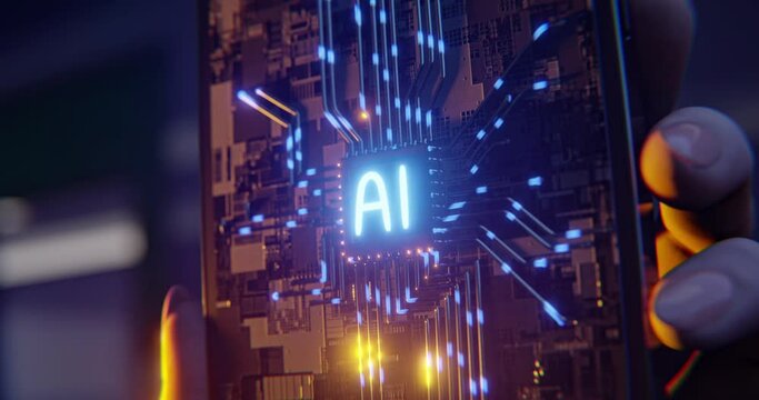 Concept of smartphones with implemented AI technology. Animation showcasing a smartphone held in a female hand, with an animated AI CPU appearing on the screen. 3d render