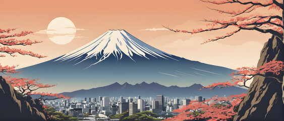 Travel to Japan Concept. Travel Poster with Japan Mount Fuji extreme closeup, vector