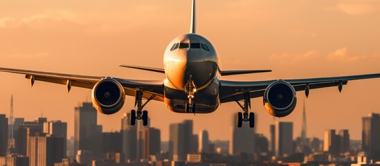 perspective view of airplane ready to land with blurred city background