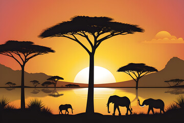 Fototapeta na wymiar vector illustration of an african landscape at sunset