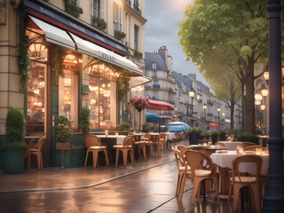 Paris's cosy restaurants and rainy street scenes, capture the calm and romantic atmosphere of the city.  3d rendering design.