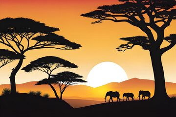 Fototapeta na wymiar vector illustration of an african landscape at sunset