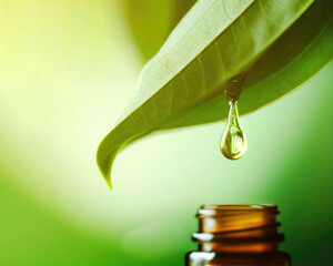 Essential oil or water drops from fresh leaf to the bottle. Herbal essence