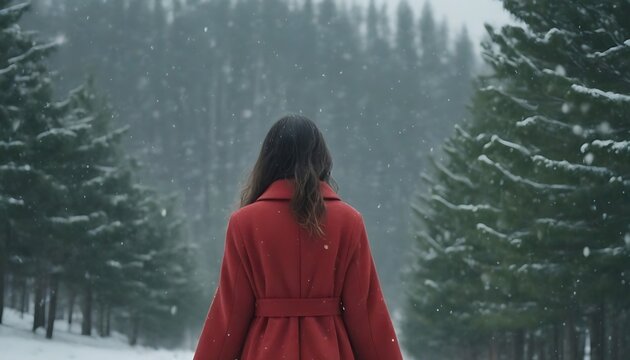 Young girl in long red coat enjoying snowfall