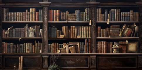 Rows of ancient books on lots of shelves with a vintage feel. generative AI