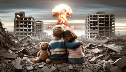 A young brother and sister sit atop a pile of rubble looking out across a war torn and devastated landscape of destroyed rubble and buildings. Distant nuclear bomb explosion. Mushroom plume