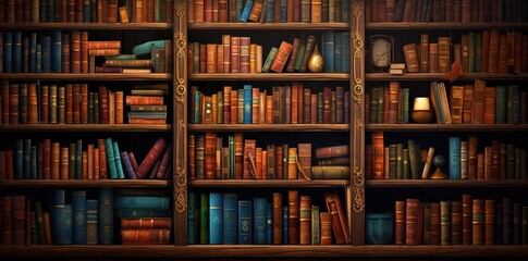 Rows of ancient books on lots of shelves with a vintage feel. generative AI