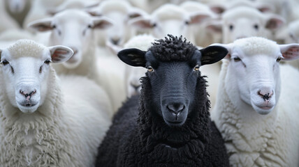 Obraz premium The standout black sheep among a flock, symbolizing uniqueness, AI Generative.