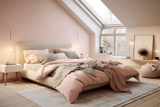 Ein modernes Schlafzimmer mit rosafarbenen Elementen 