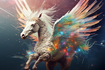 A mythical unicorn glows with vibrant, scaled wings, AI Generative.