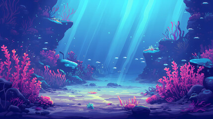 coral view in underwater ocean, pixel art landscape background wallpaper