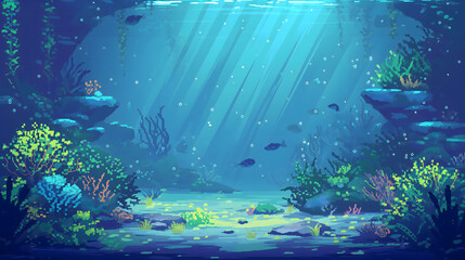 Fototapeta na wymiar coral view in underwater ocean, pixel art landscape background wallpaper