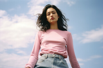 Pretty Young Woman Posing in a Green Park with Flower Blossoms and Sunny Background
