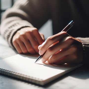 Close-up of hands writing in a notebook, with natural light enhancing the scene.
