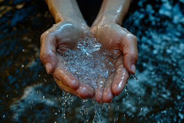 close-up of hands cupping water from the fountain of life, symbolizing renewal and vitality, captured in a minimalist style
