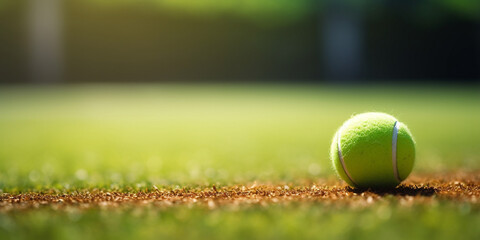 tennis ball on grass,,,Close up of tennis ball on clay court.Tennis ball. Generative Ai.  - obrazy, fototapety, plakaty