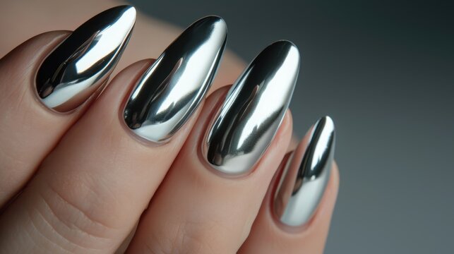 Sleek Silver Mirror Manicure on Dark Background - Powered by Adobe
