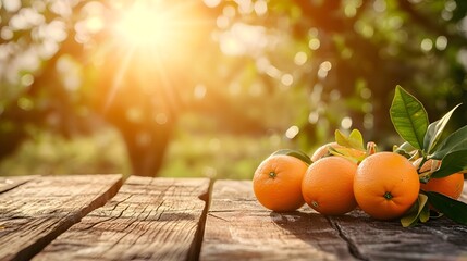 golden hour oranges citrus fruits on wooden table with trees field on morning sunshine background with copyspace area