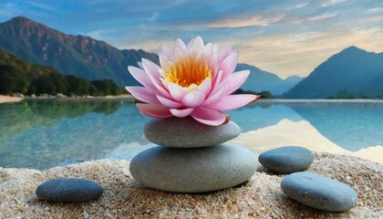 Fototapeta na wymiar Harmony Unveiled: Tranquil Lotus and Stone Balance