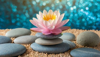 Fototapeta na wymiar Zen Oasis: Pink Lotus Serenity on Stacked Pebbles