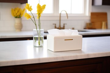 white tissue box on marble kitchen countertop
