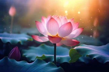 Fotobehang Lotus flower ,Beautiful lotus flower on water with bokeh background Ai generated © Tanu