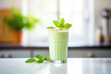 refreshing smoothie glass with mint leaves on top