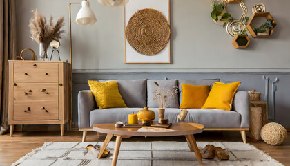 The stylish boho compostion at living room interior with design gray sofa, wooden coffee tab. Generative AI.