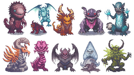set of monsters in pixel art game style, enemy characters in pixel game, isolated on white - obrazy, fototapety, plakaty
