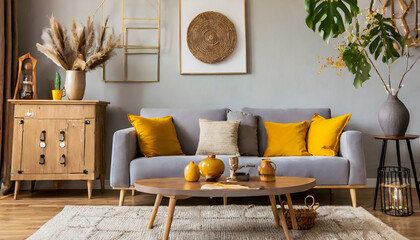 The stylish boho compostion at living room interior with design gray sofa, wooden coffee tab. Generative AI. - obrazy, fototapety, plakaty