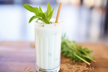 vanilla shake with mint leaf garnish, extreme closeup