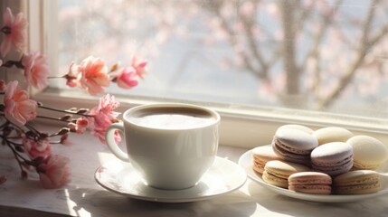 Fototapeta na wymiar A cup of coffee accompanied by colorful macarons on a window sill with spring blossoms.