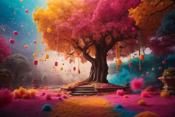 A photo of tall tree decorated for holi festival with colors ai generative - obrazy, fototapety, plakaty
